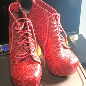 SHOE DAZZLE Red basket weave women's chunky heel tie shoes 8 1/2